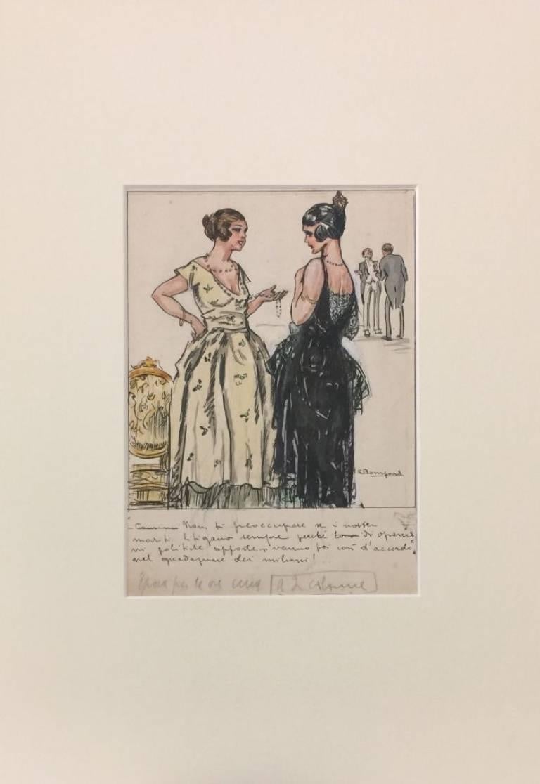 Our husbands - Original Ink and Watercolor by L. Bompard - Early 1900