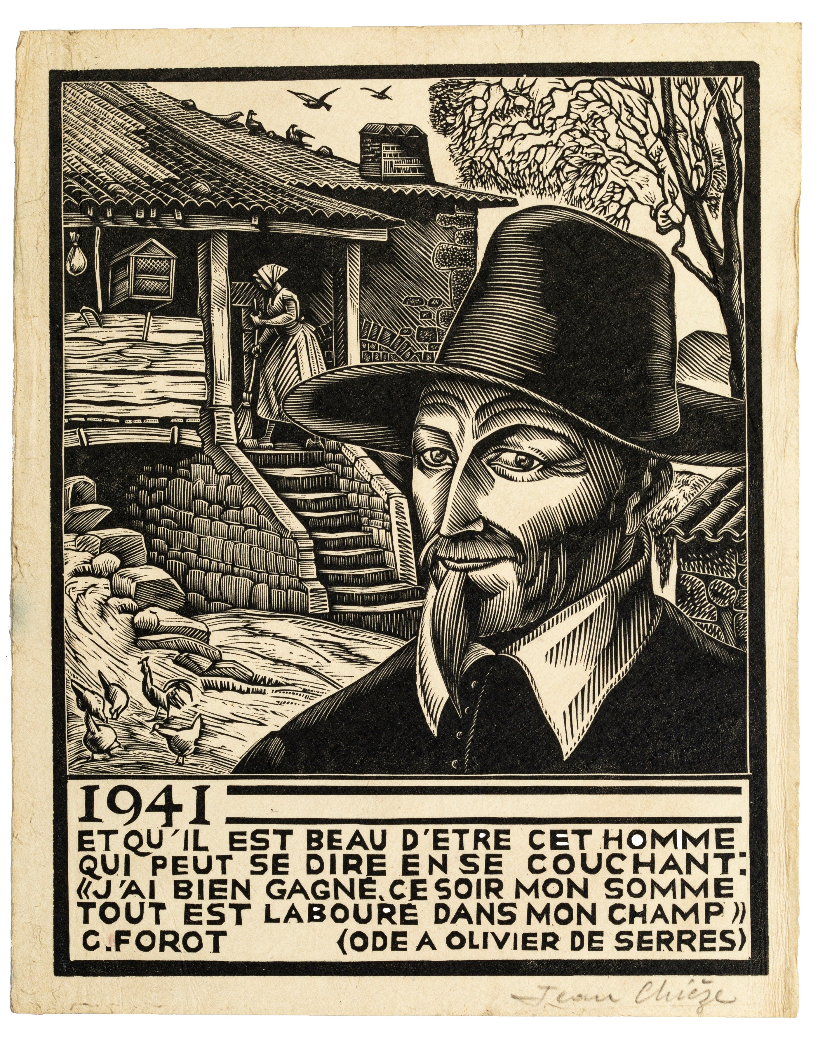 1941 Original Woodcut Prints By Jean Chieze Mid 20th Century