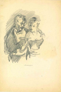 Champagne, Charcoal Drawing, Modern Style, Signed, 1950s, Unframed