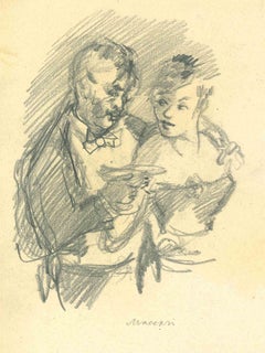Champagne, Charcoal Drawing, Modern Style, Signed, 1950s, Unframed