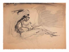 Figura sdraiata, disegno ad acquerello, stile moderno, firmato, anni ’40, senza cornice