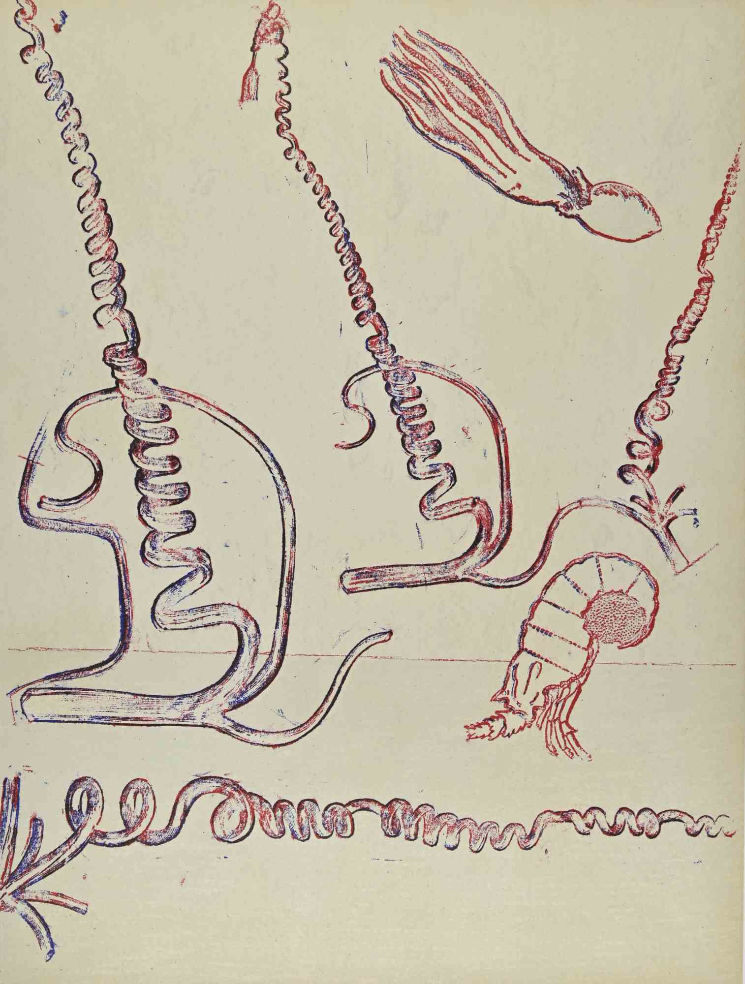 Litografía «Composición rosa», estilo surrealista, 1974, lámina sin enmarcar