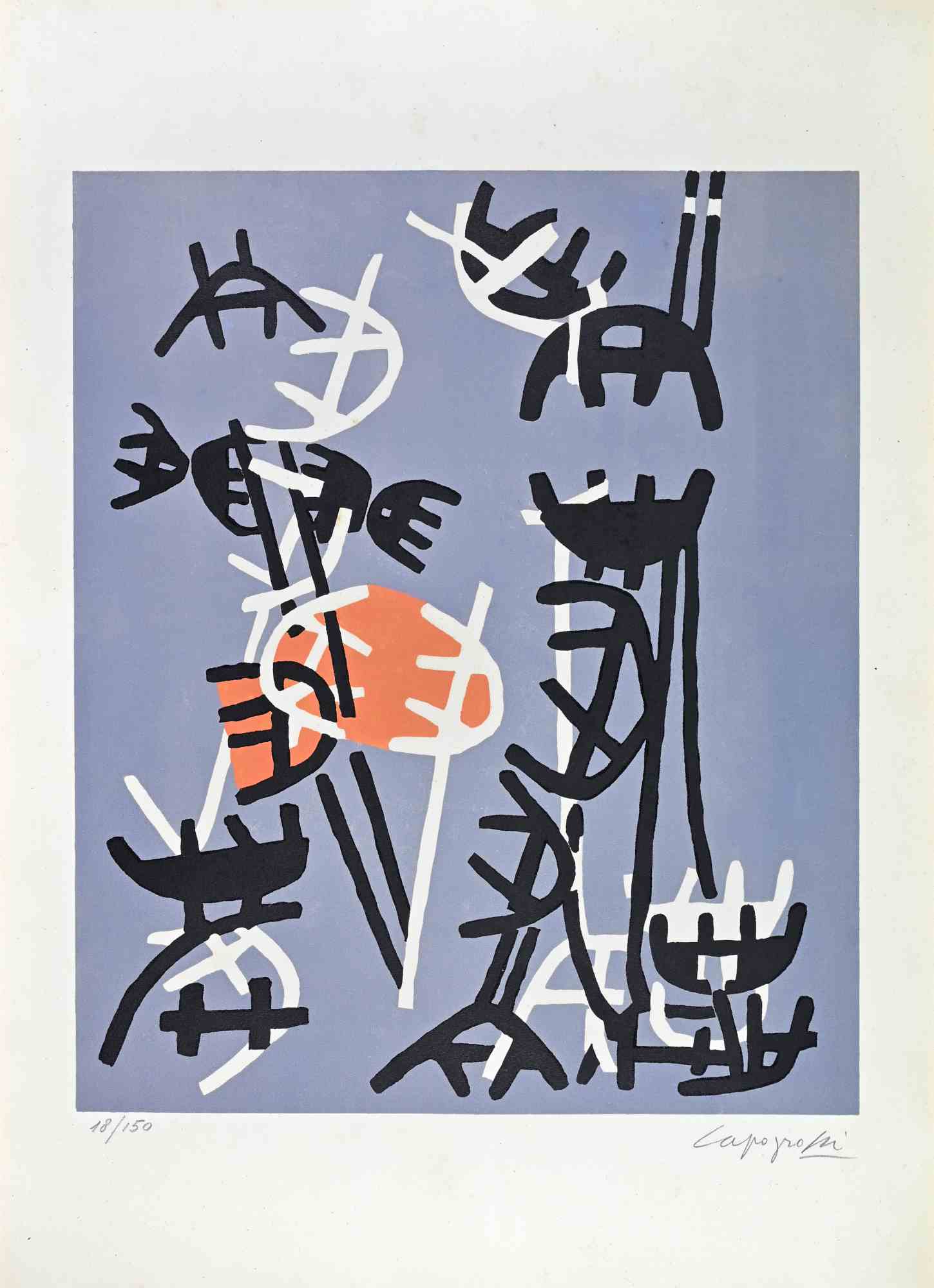 Screen print on paper.

Hand signed and numbered in pencil.

Edition of 150.

Published by Erker Press, St. Gallen.

Ref. von Hase-Schmundt, U., Capogrossi. Das graphische Werk. Erker-Verlag Ed., St. Gallen 1982, p. 31, ill. 22

Excellent condition.