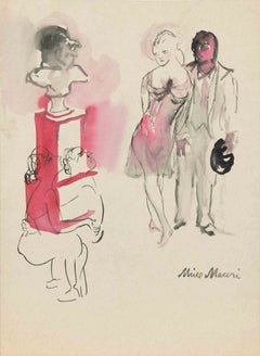 Visit to the Museum, Watercolor, Modern Style, Signed, 1936ca, Unframed