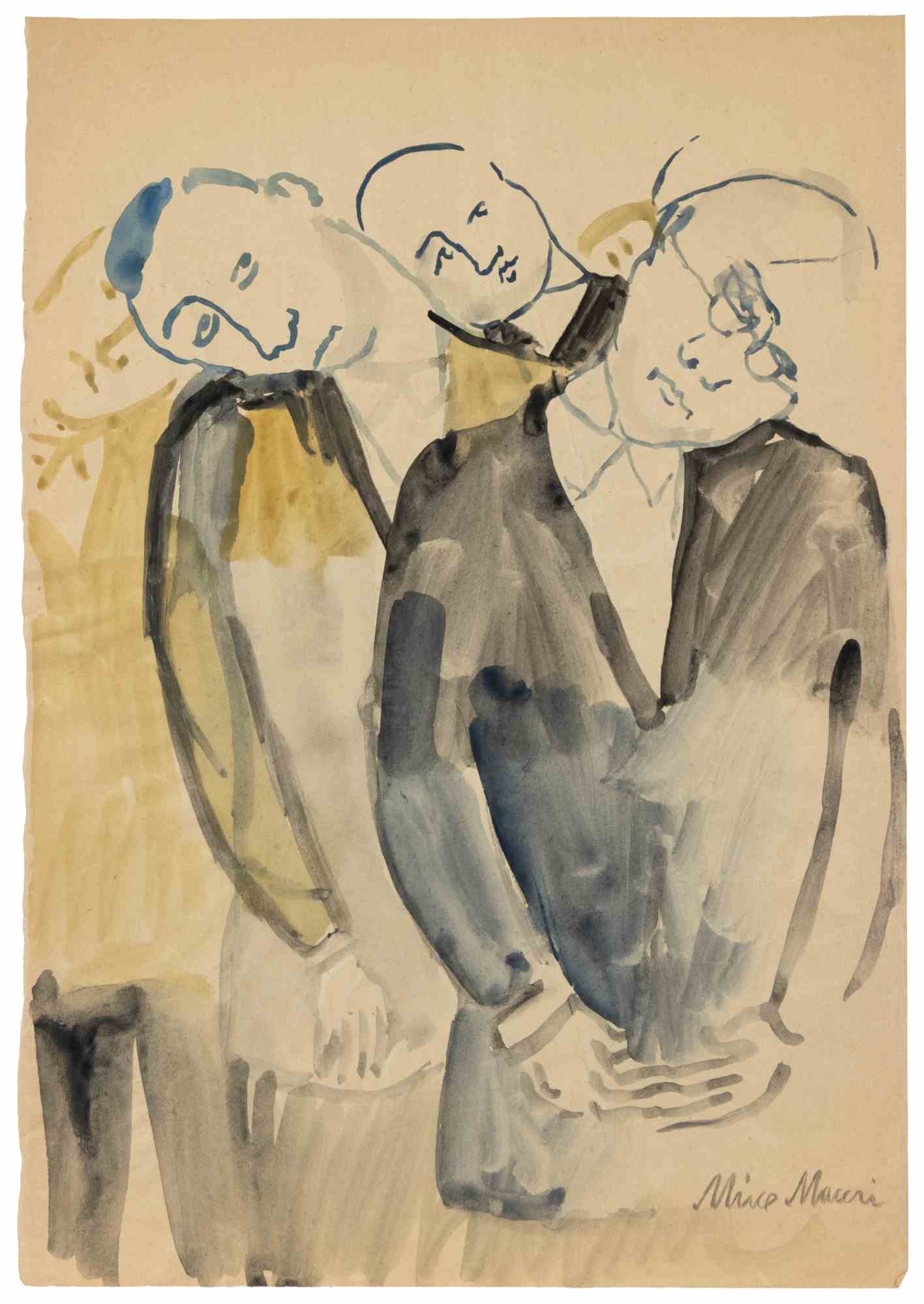  Mino Maccari Figurative Art - The Undecided, Watercolor, Modern Style, Signed, 1938ca, Unframed
