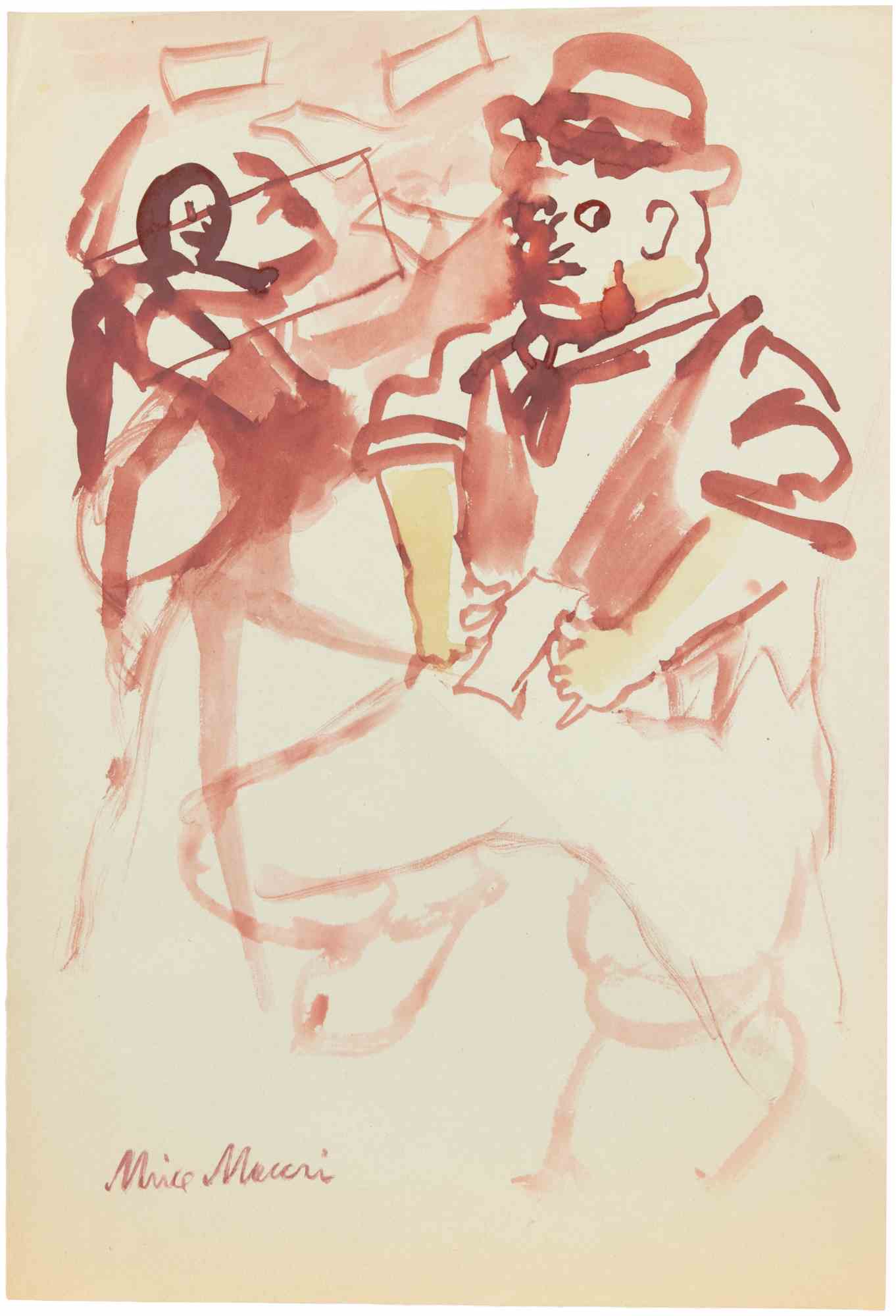 The Embarrassed One, Watercolor, Modern Style, Signed, 1940s, Unframed