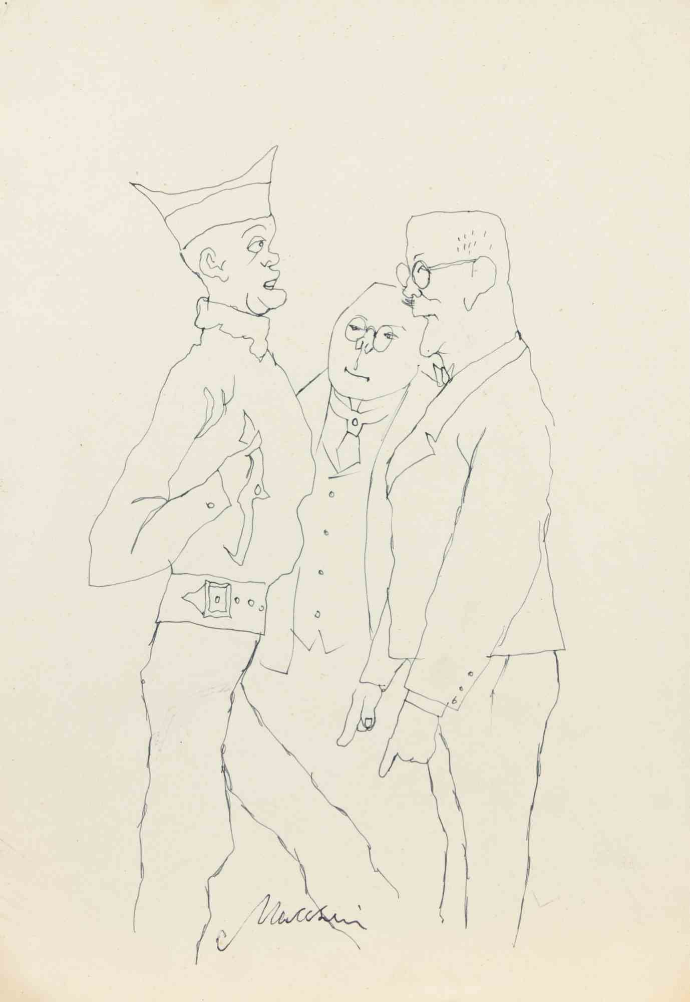 The Soldier and the Politicians, China Ink, Modern Style, Signed, 1950s
