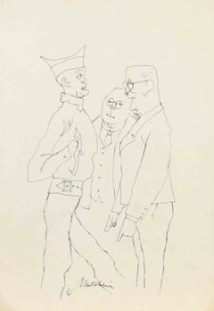 « Le soldat et les hommes politiques », encre de Chine, style moderne, signé, années 1950
