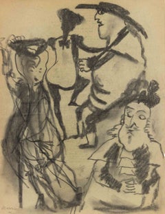 Figures, Charcoal, Modern Style, Signed, 1950s, Unframed