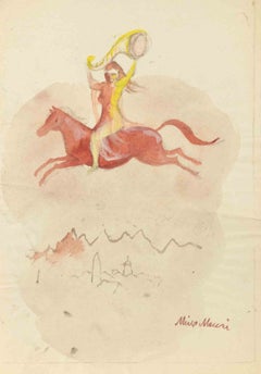 The Flying Horsewoman... Watercolor, Modern Style, Signed, 1934 ca, Unframed