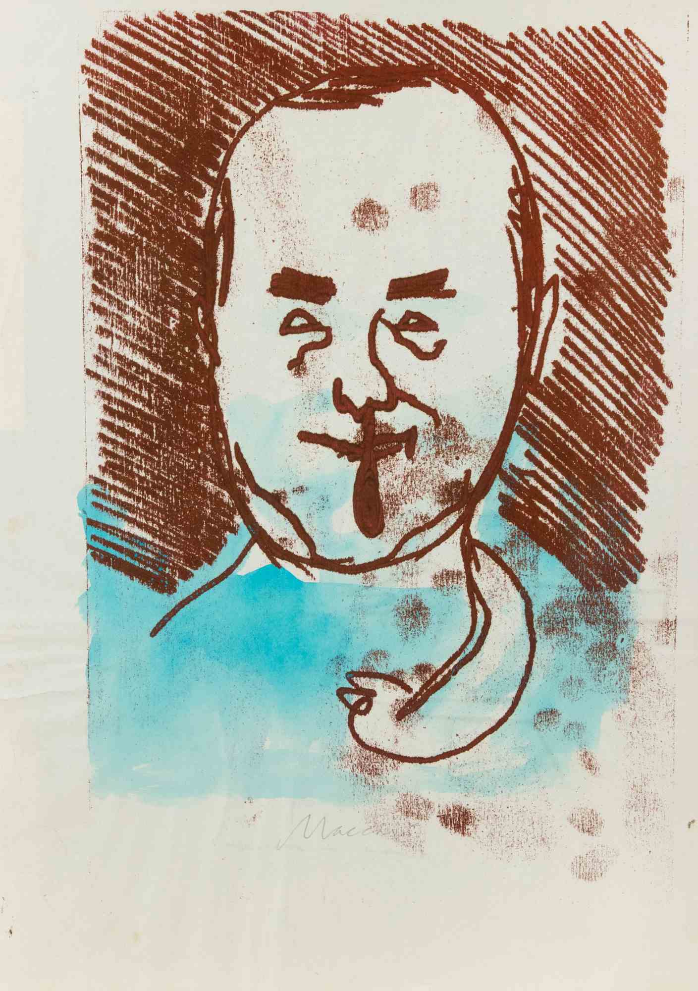 Portrait, Monotype, Modern Style, Signed, 1955 ca, Unframed