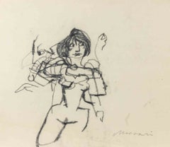 Figurines, fusain, style moderne, signées, 1965, non encadrées