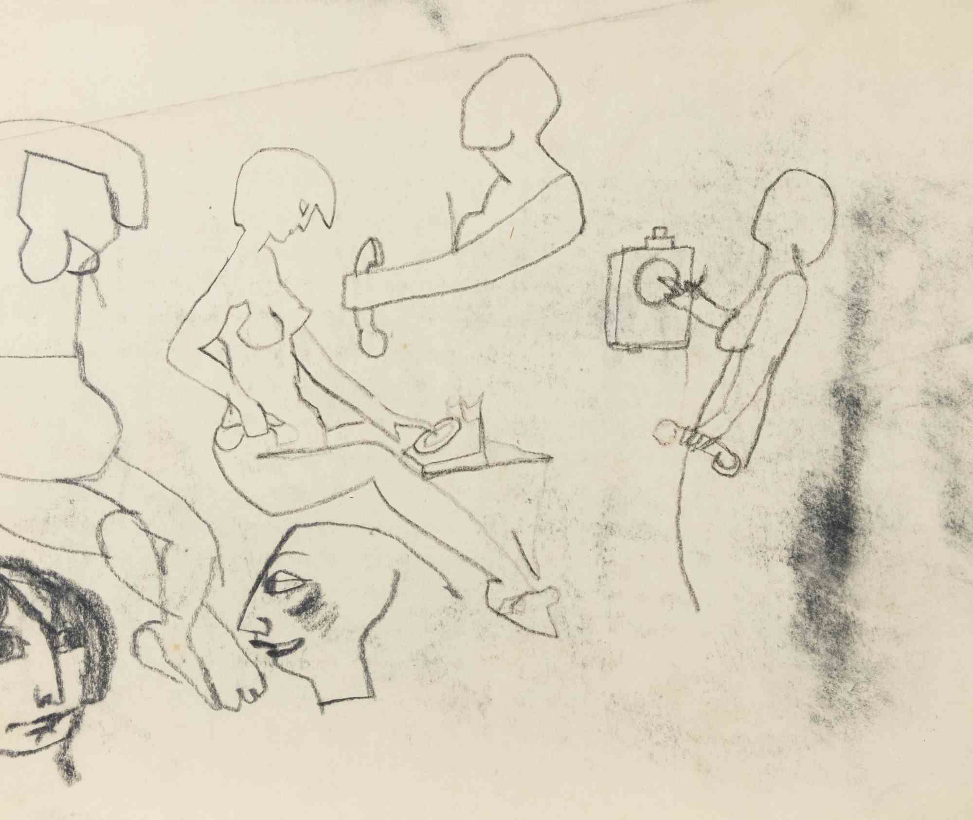 Figures, Charcoal, Modern Style, Signed, 1965, Unframed