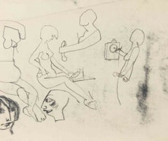 Figures, Charcoal, Modern Style, Signed, 1965, Unframed