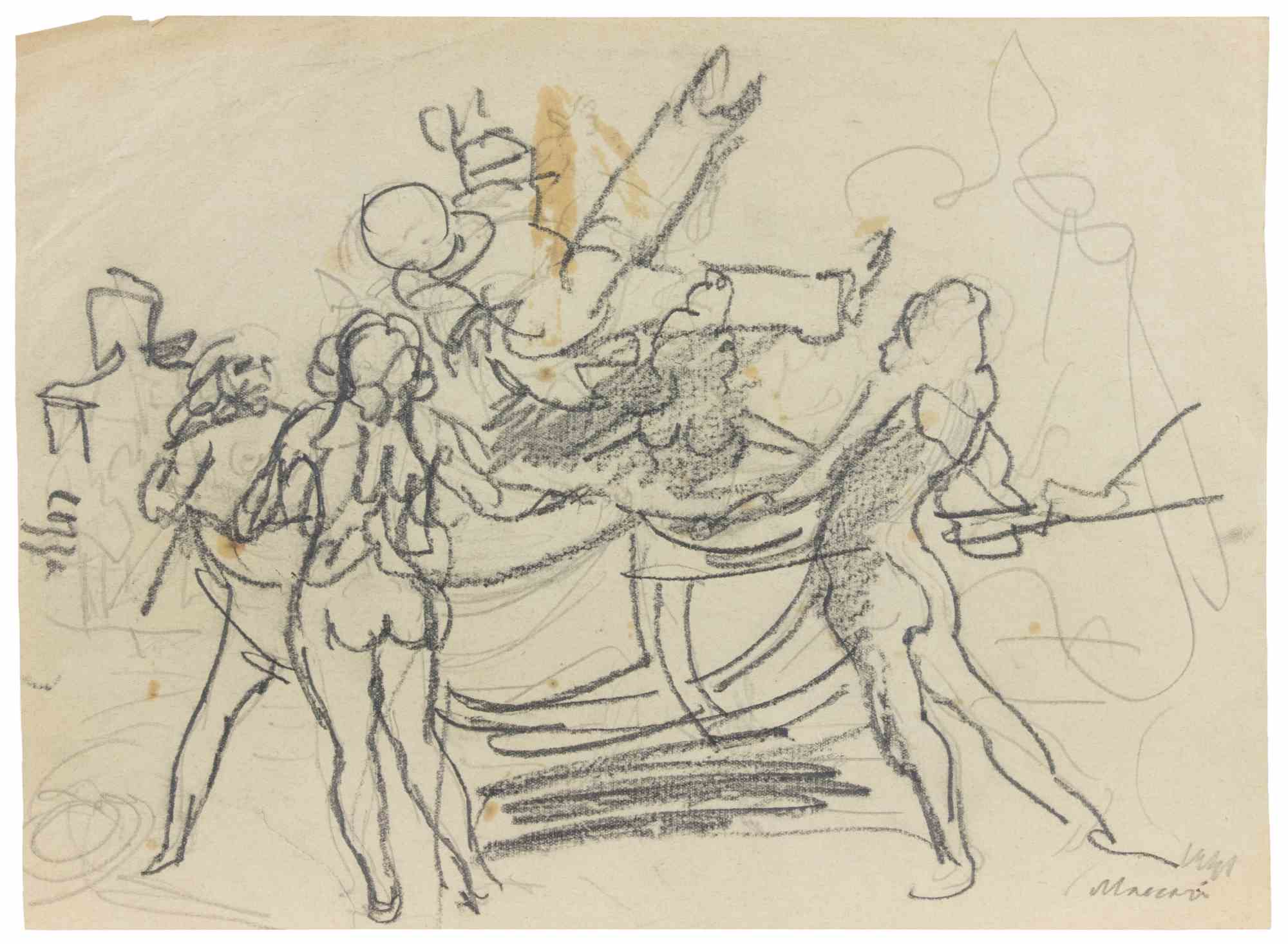 "The Great Party", carboncino, stile moderno, firmato, anni '60, senza cornice