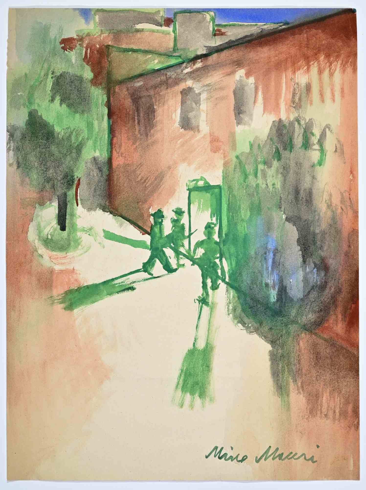 "L'entrata dei soldati", carboncino, stile moderno, firmato, anni '60, senza cornice