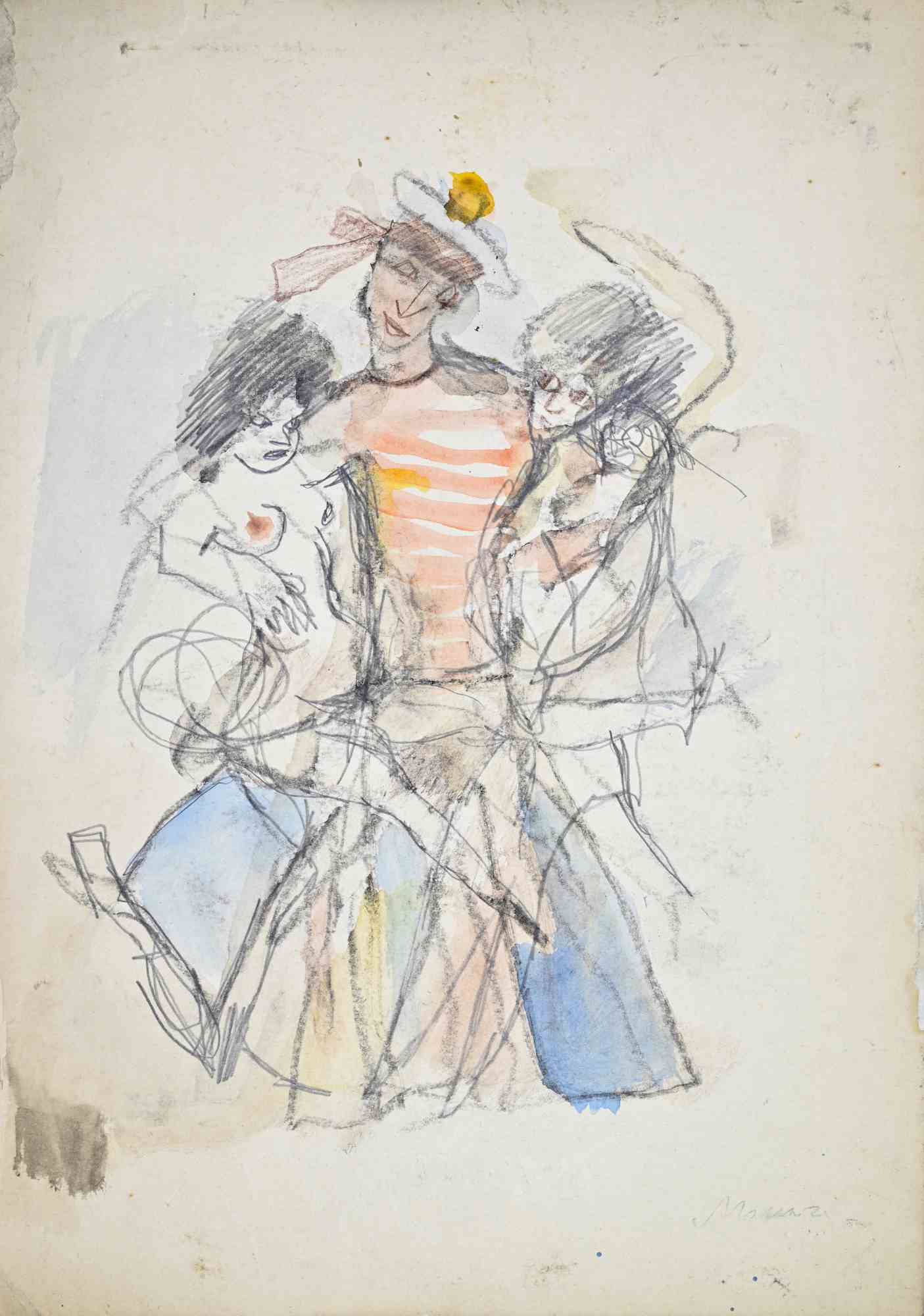  Mino Maccari Figurative Art - The Sailor, Charcoal, Modern Style, Signed, 1960s, Unframed