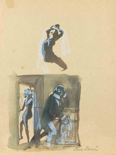 Game of Shadow, Watercolor, Modern Style, Signed, 1940 ca, Unframed
