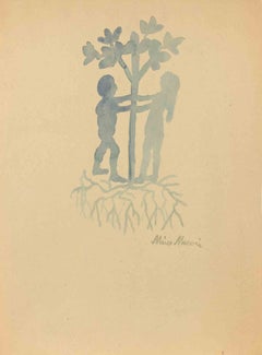 Adam and Eve, Watercolor, Modern Style, Signed, 1940s, Unframed