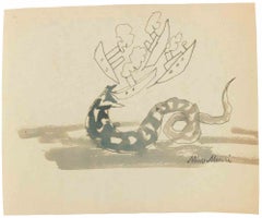 Serpent de mer, aquarelle, style moderne, signée, vers 1934, non encadrée