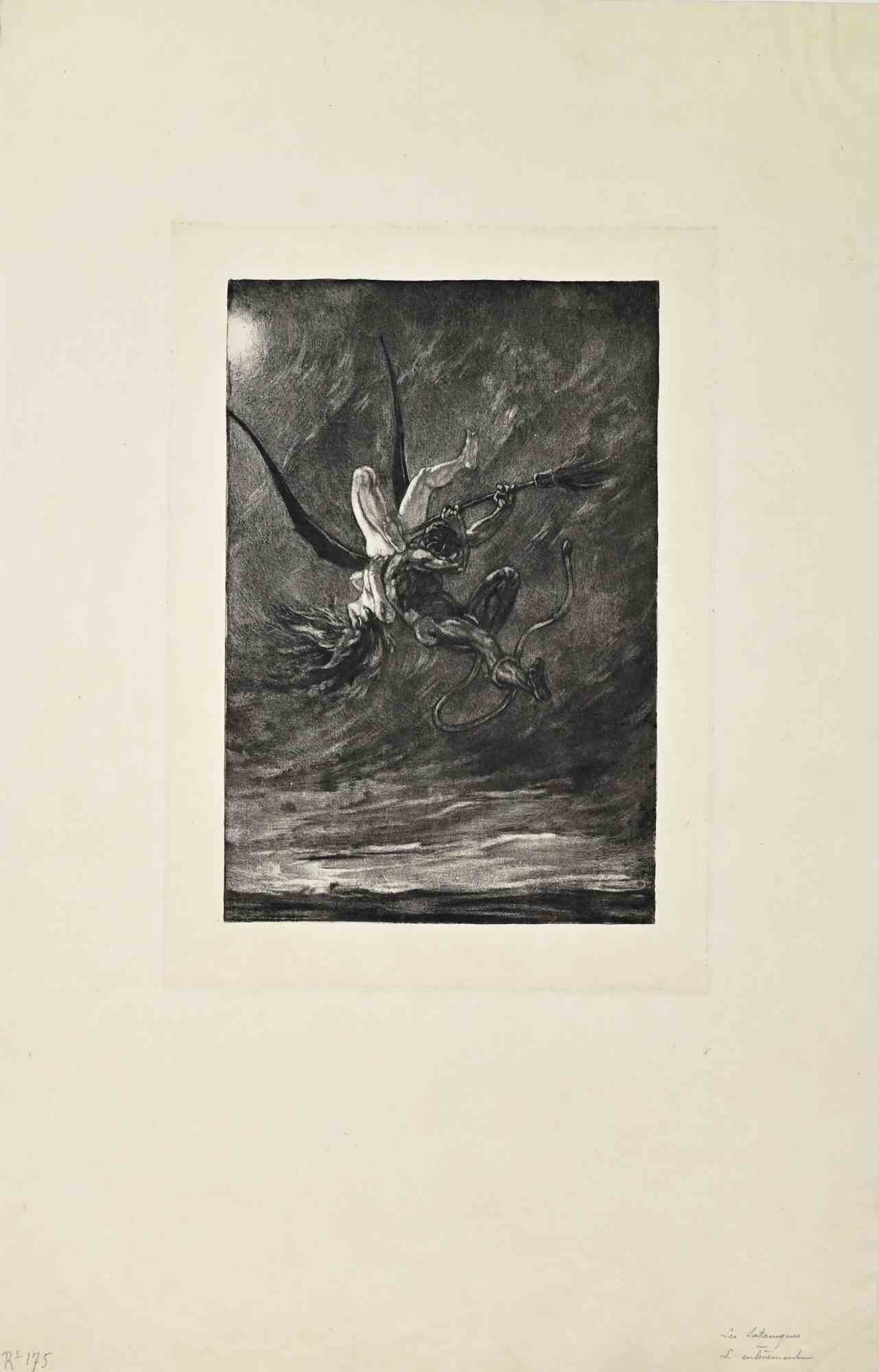 Héliogravure on paper, table from the suite "Les Sataniques".

Not signed nor numbered, as issued.

A compelling print after one of Félicien Rops' most celebrated Symbolist compositions, depicting a winged demonic figure soaring through a turbulent