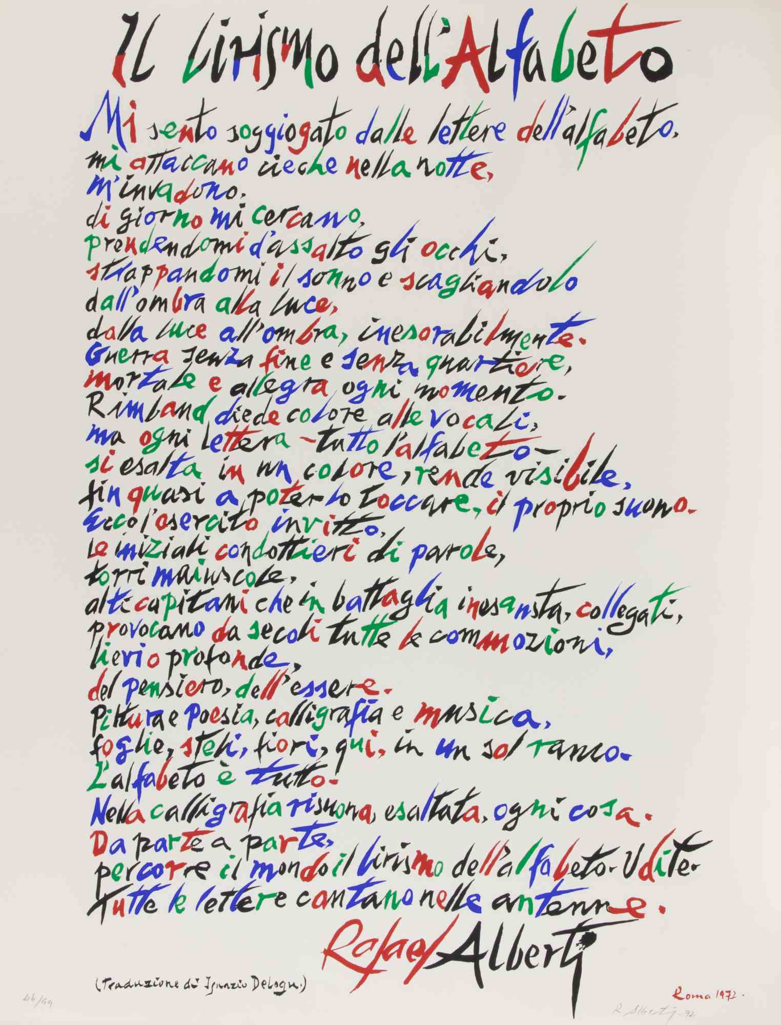 Il lirismo della litografia “Alphabet” di Rafael Alberti, astratta, 1972, senza cornice