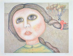 Portrait d'une jeune fille - Lithographie d'Enrico Benaglia - Années 1980