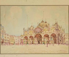 View of Piazza S. Marco - Watercolor by N. Cipriani - Late 19th Century