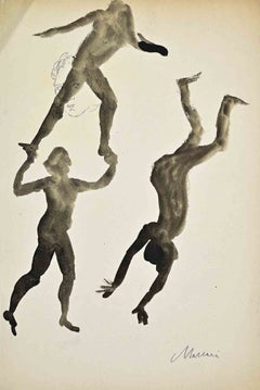 Jongleure, Aquarell, moderner Stil, signiert, 1960er Jahre, ungerahmt