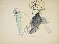 Envy, Charcoal, Modern Style, Signed, Mid-20th Century, Unframed