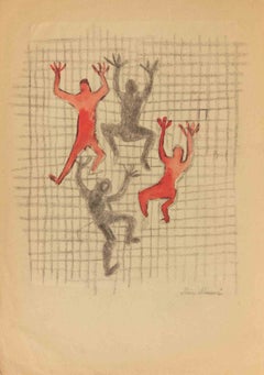 "The Climbers", carboncino, stile moderno, firmato, metà del XX secolo, senza cornice