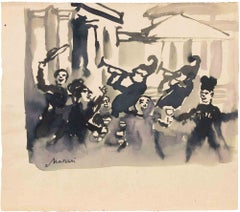 Music in Rome, Watercolor, Modern Style, Signed, 1955 ca, Unframed