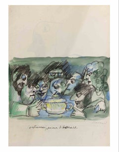 « Comptons-nous avant de dîner », crayon et aquarelle, style moderne, signée, 1960