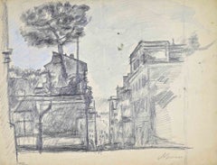 Paysage urbain, crayon, style moderne, signé, milieu du XXe siècle