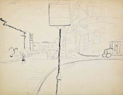 Paysage urbain, crayon, style moderne, signé, milieu du XXe siècle
