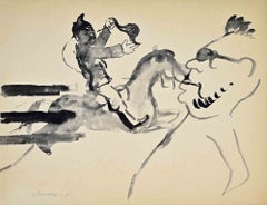 « Le Cavalier », aquarelle, style moderne, signée, milieu du XXe siècle
