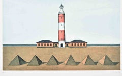 Leuchtturm und Pyramiden – Lithografie von Klaus Moritz – 1970