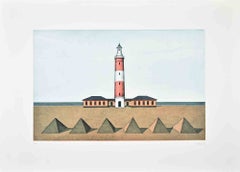 Leuchtturm und Pyramiden – Lithografie von Klaus Moritz – 1970