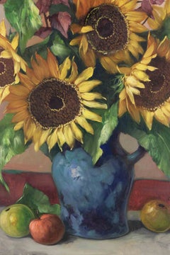 Still Life with Sunflower and Apples-OilPaint by Helmuth Andreas Volkwein-1970s