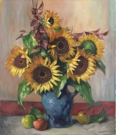 Still Life with Sunflower and Apples-OilPaint by Helmuth Andreas Volkwein-1970s