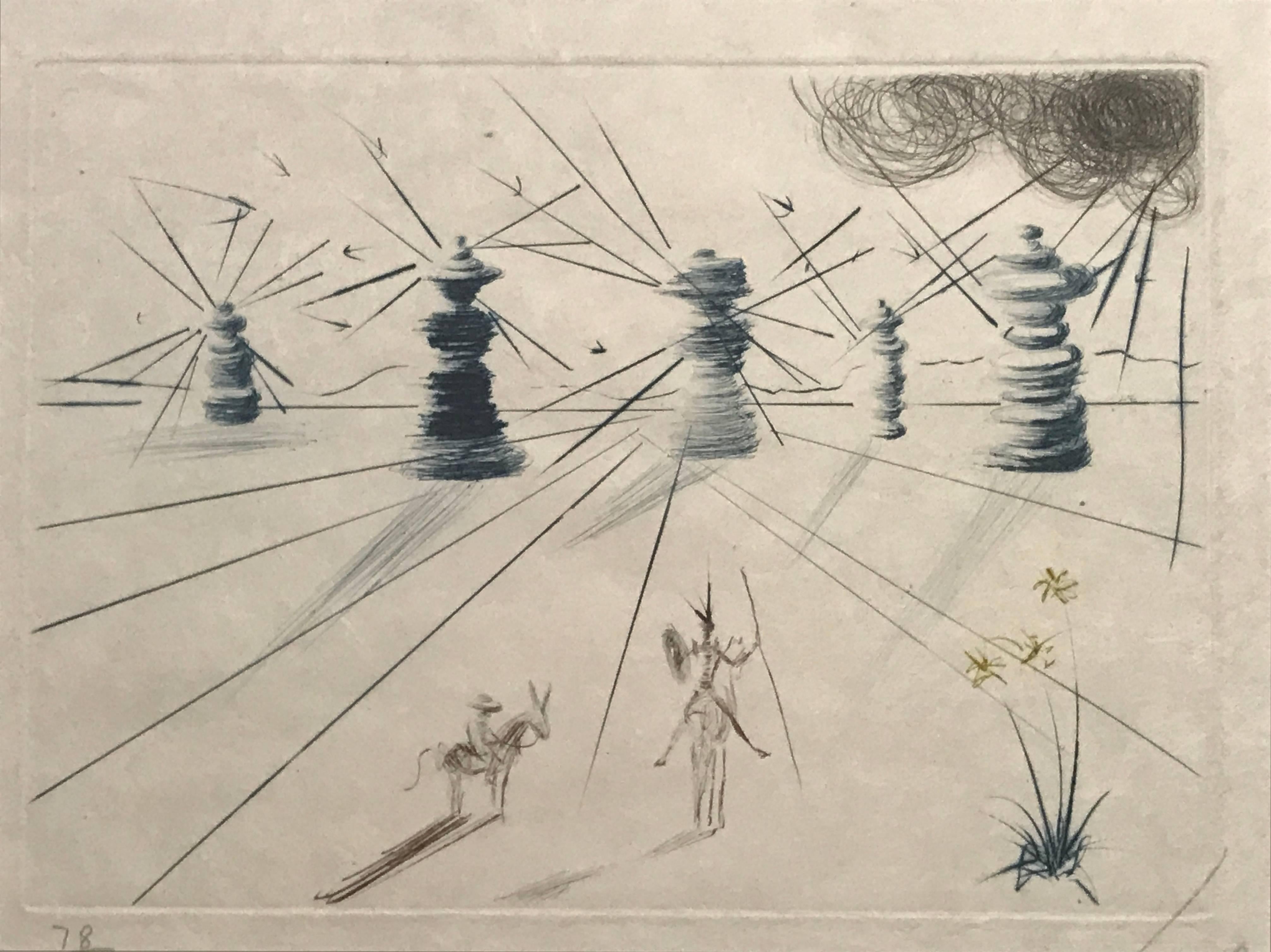 Don Quichotte et les Moulins à Vent - Surrealist Print by Salvador Dalí