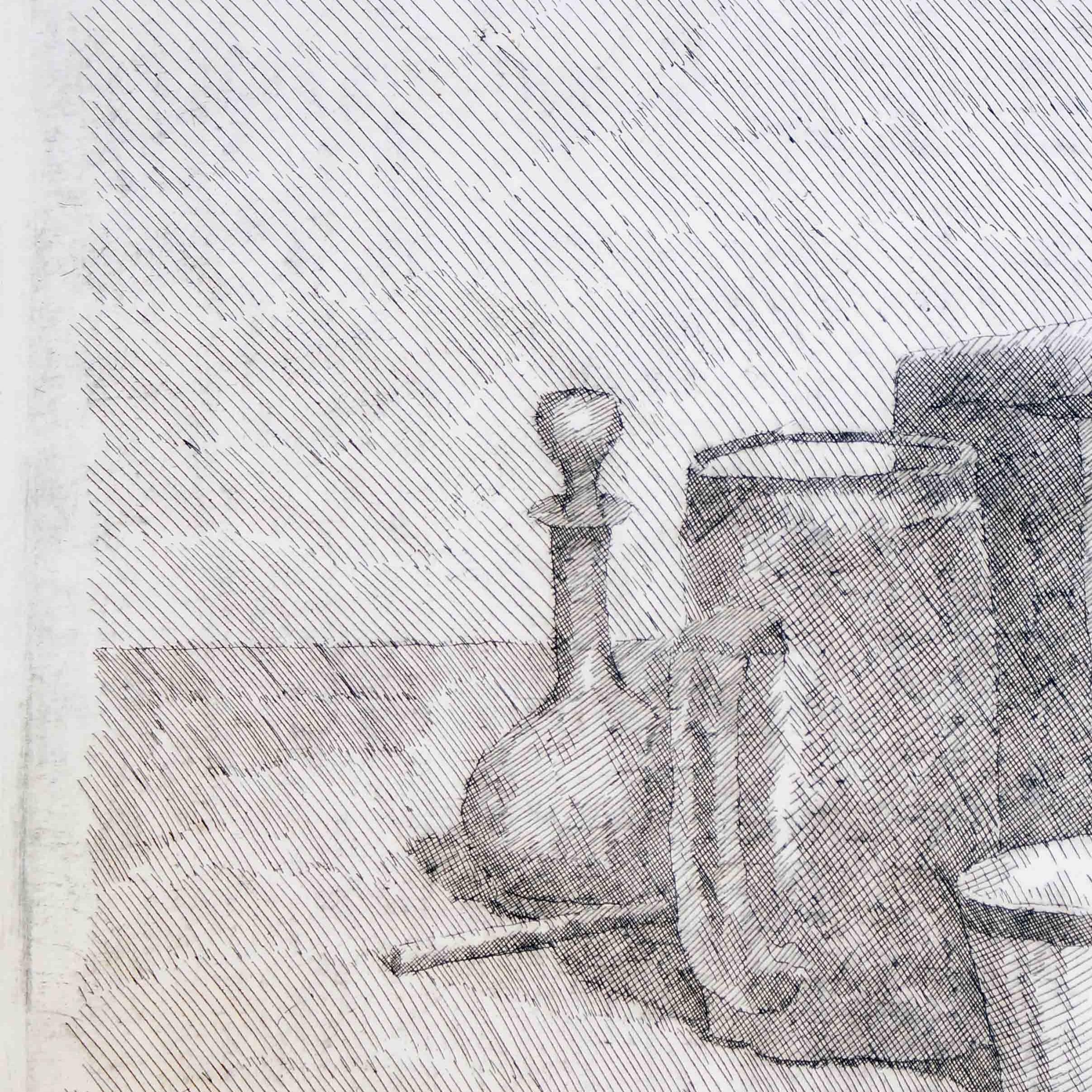 Nature morte avec tasse à café et carafe - Gris Still-Life Print par Giorgio Morandi