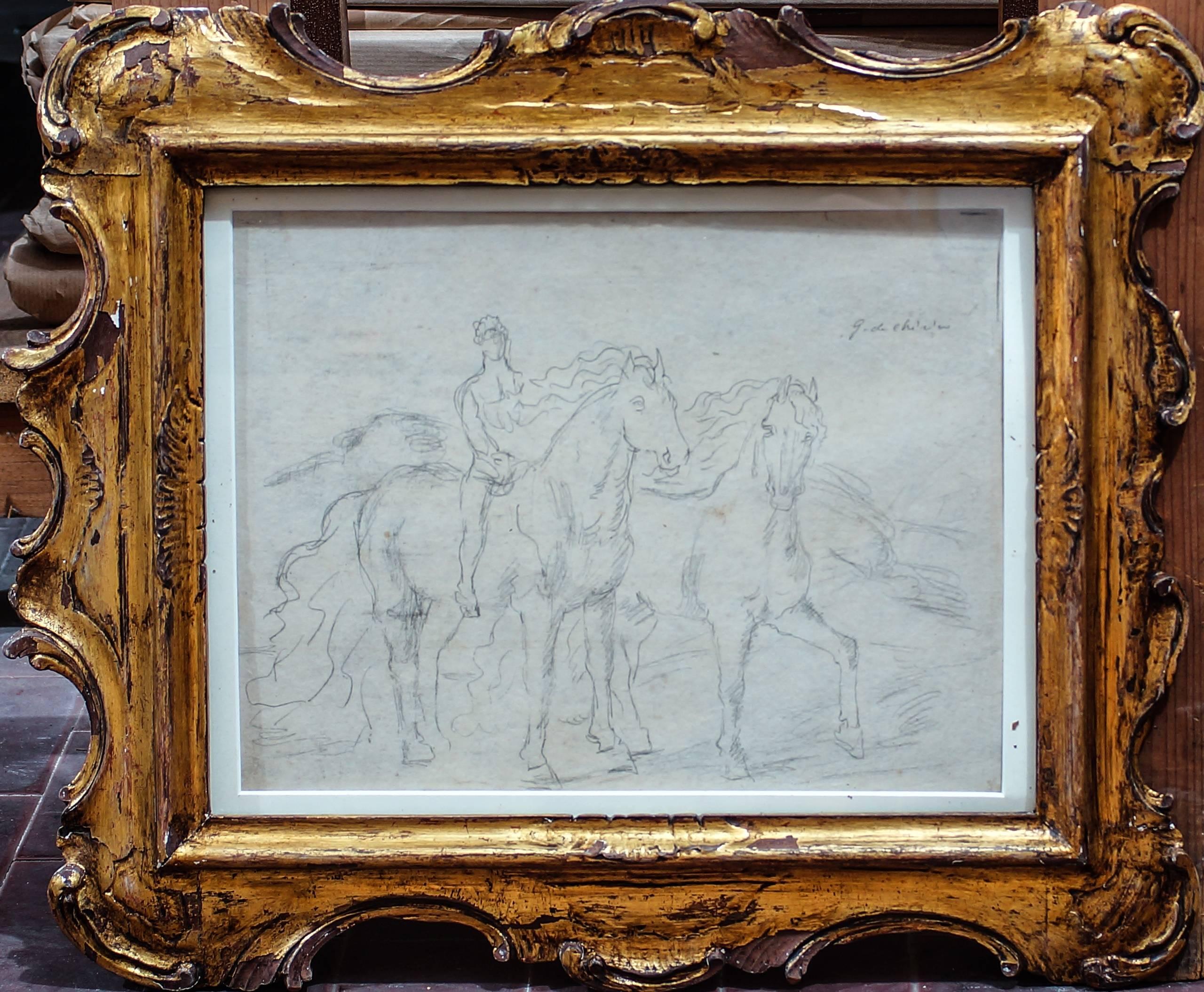Sketch for The Horses - Original Pencil Drawing - Gris Animal Art par Giorgio De Chirico