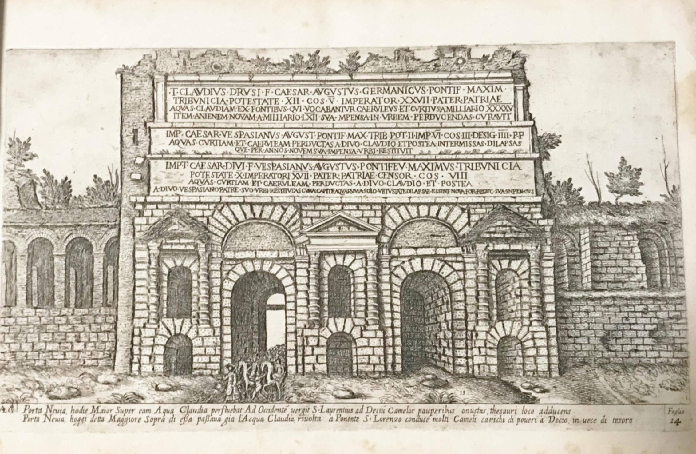 Publisher not identified, roma, dated probably 1616. Vol In-Folio. Dimensioni : 26,7 x 3 x 42 cm. 106 tables illustrated with the etching technique and showing Roman ruines, temples, churches, buildings and other antiquities of the city. Later hard