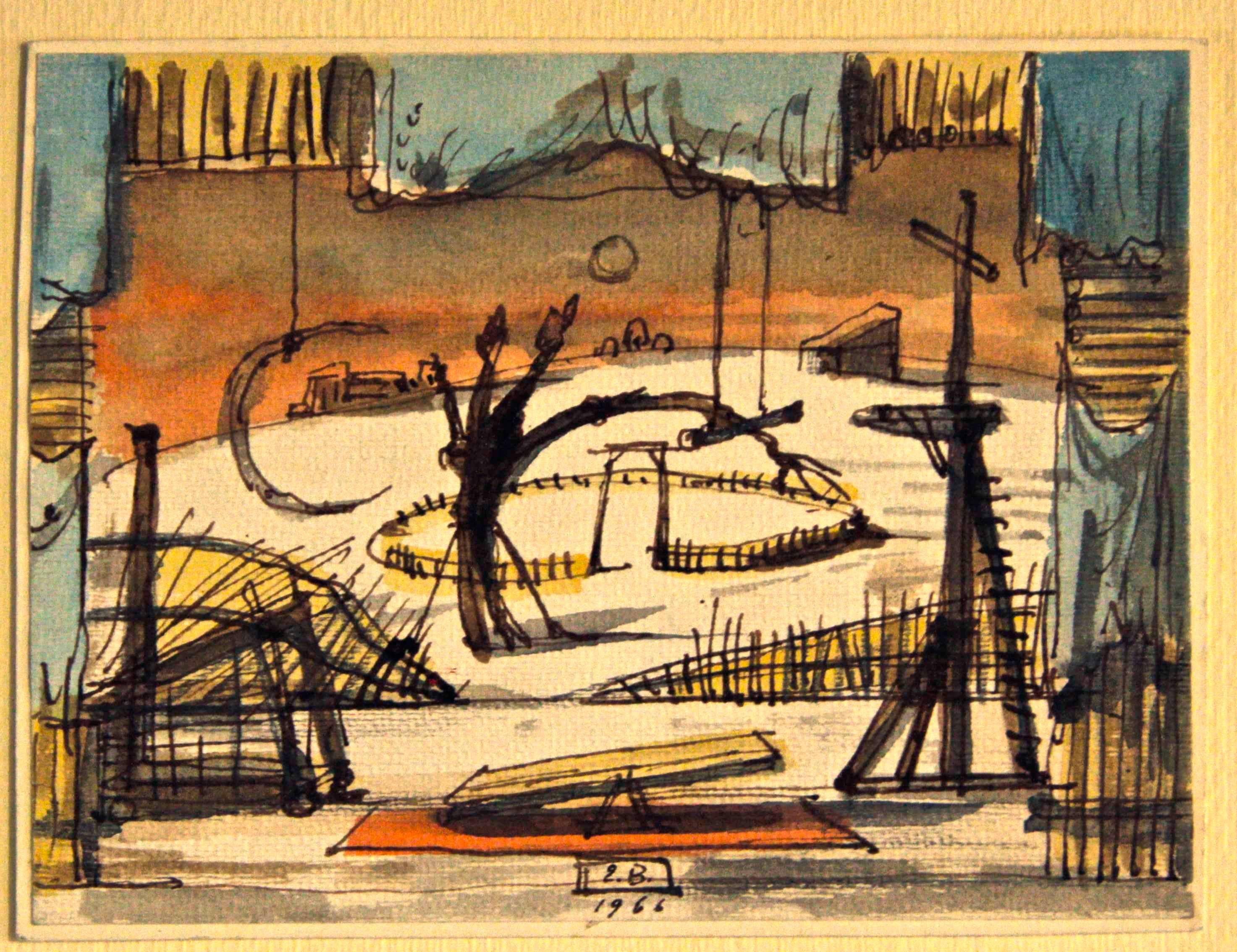 Eugene Berman Landscape Art - Study for a Scenography - Ink Drawing by Eugène Berman - 1966