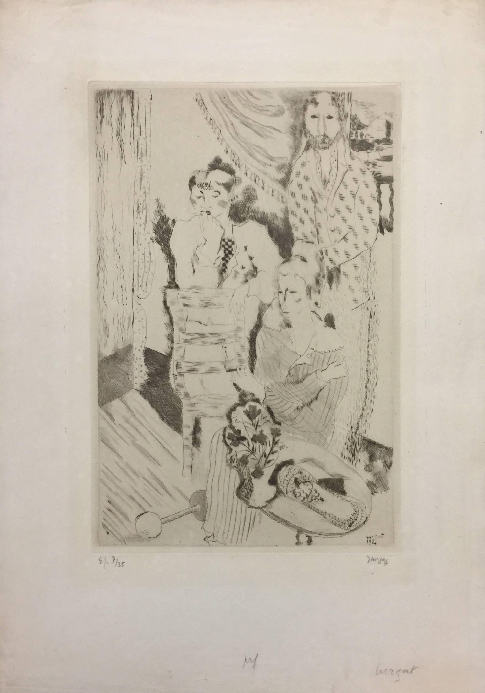 Jean Lurcat Landscape Print – Gruppe von drei Clowns - Radierung und Kaltnadelradierung von Jean Lurçat - 1921