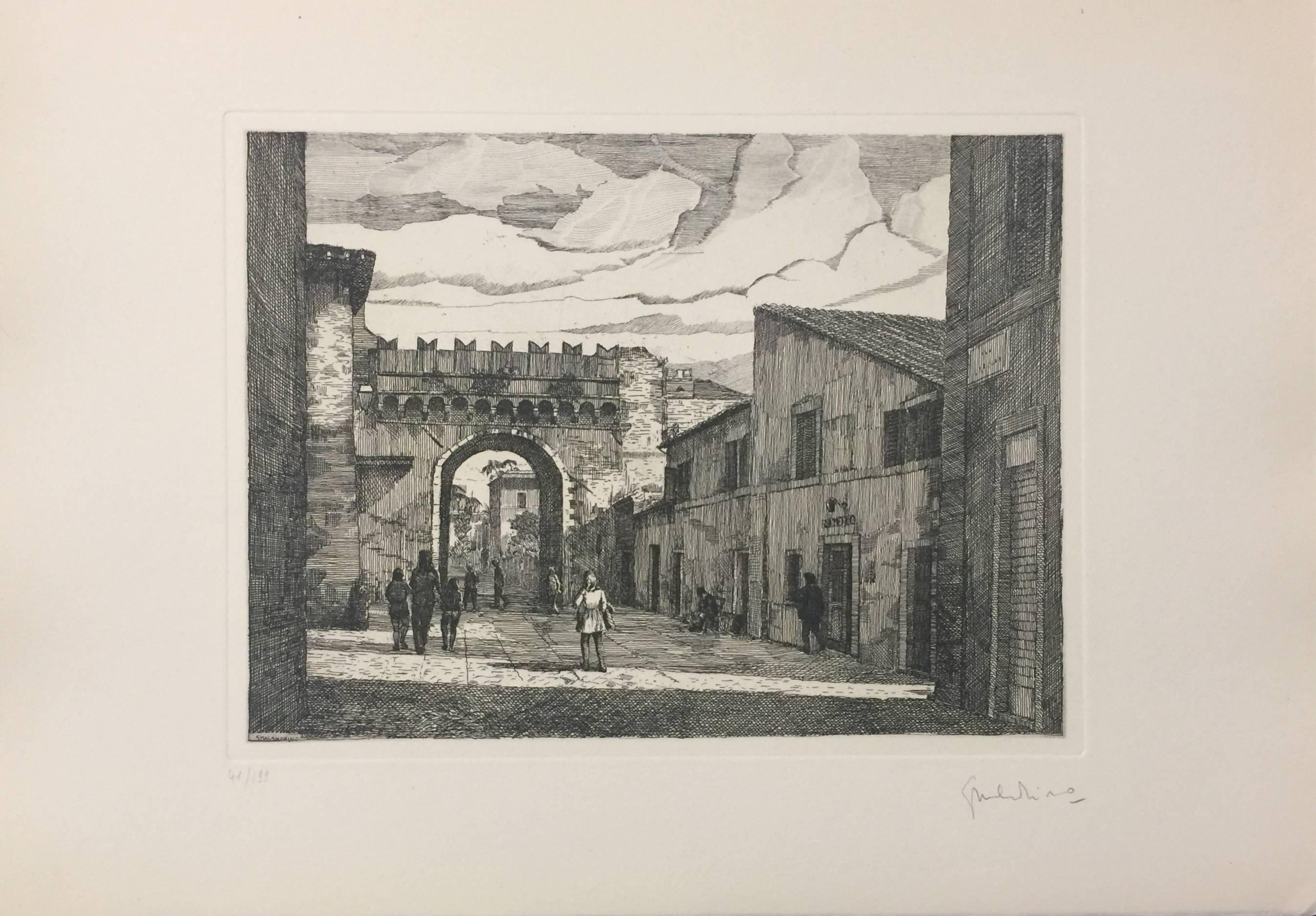 Calle Lungara - Roma - Grabado original de G. Malandrino - Años 70 - Print Moderno de Giuseppe Malandrino