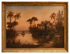 Vintage Oriental Landscape with Villa - Oil on Canvas 20th Century