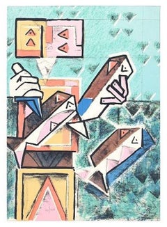 Fish Seller - Original Lithograph by I. Kodra - 1975