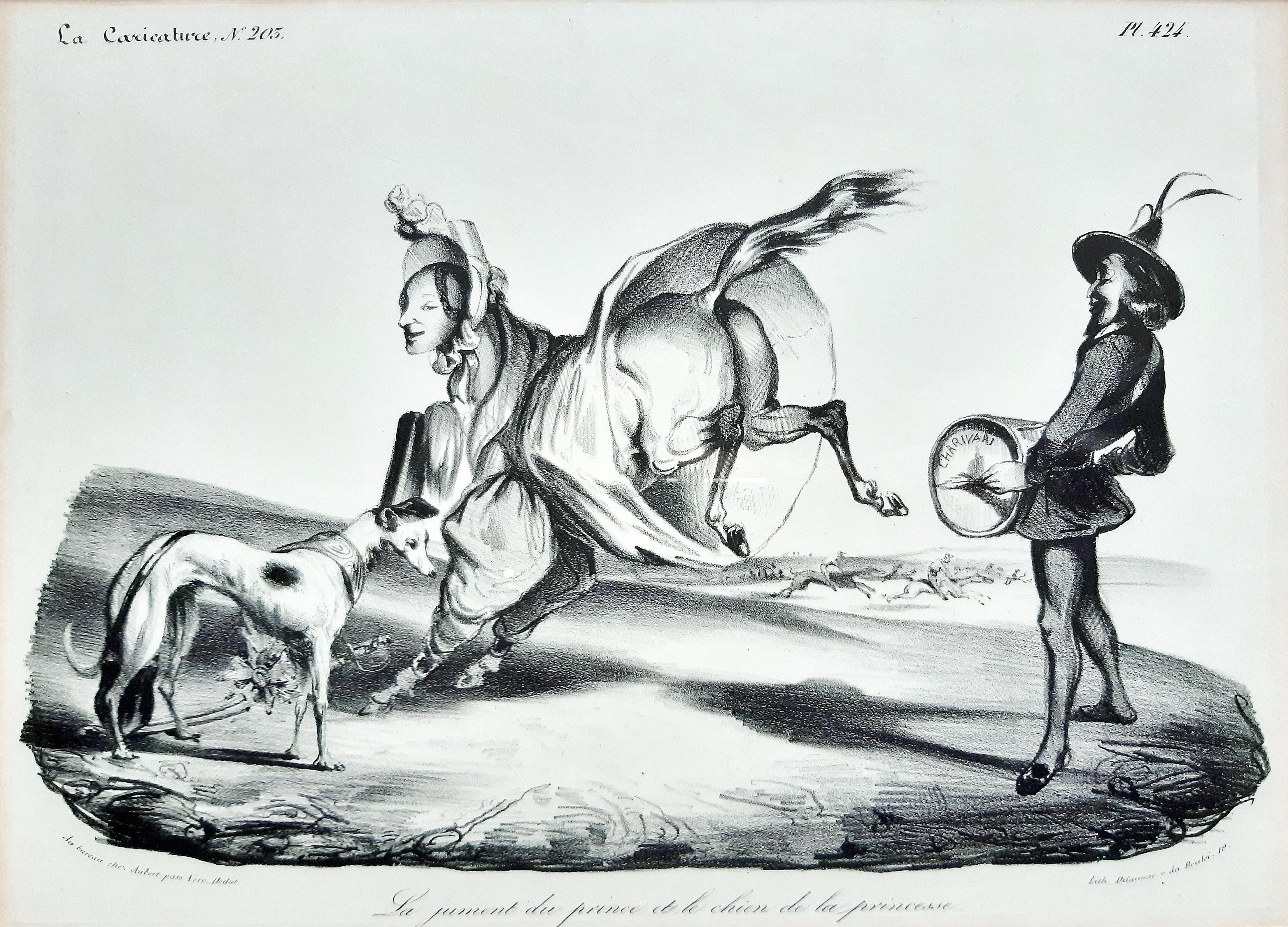 Honoré Daumier Figurative Print - La Jument du Prince et le chien de la Princesse- Lithograph by H. Daumier - 1834